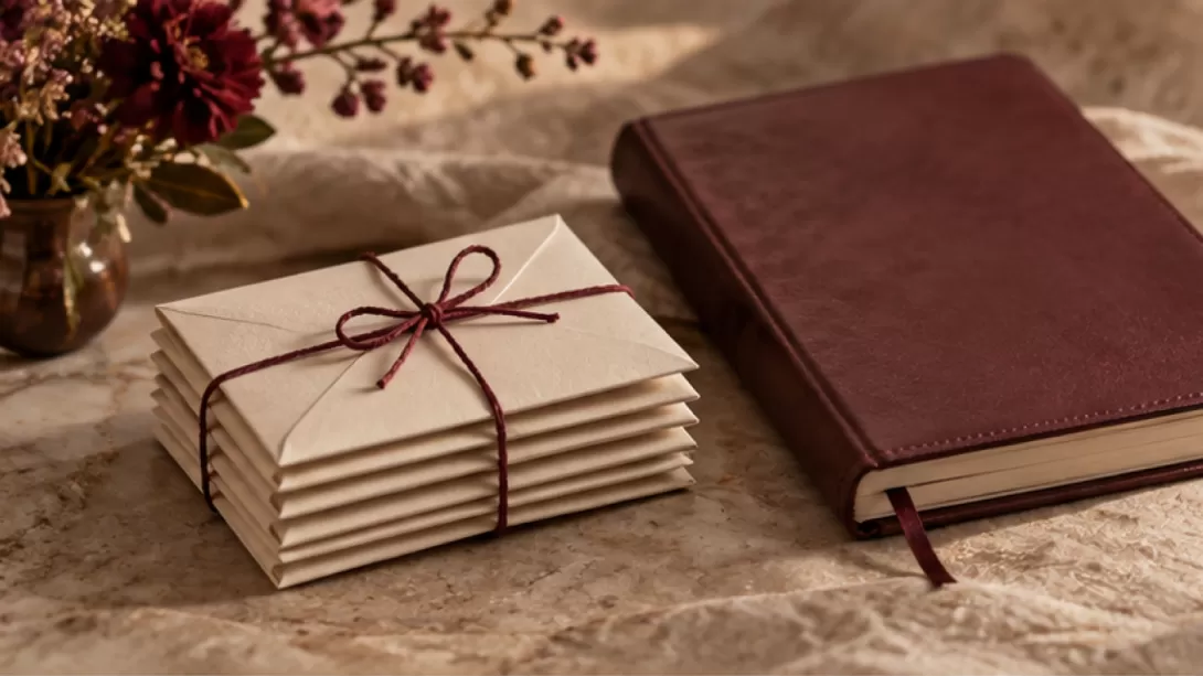 Seis sobres sin texto atados con un hilo junto a una libreta