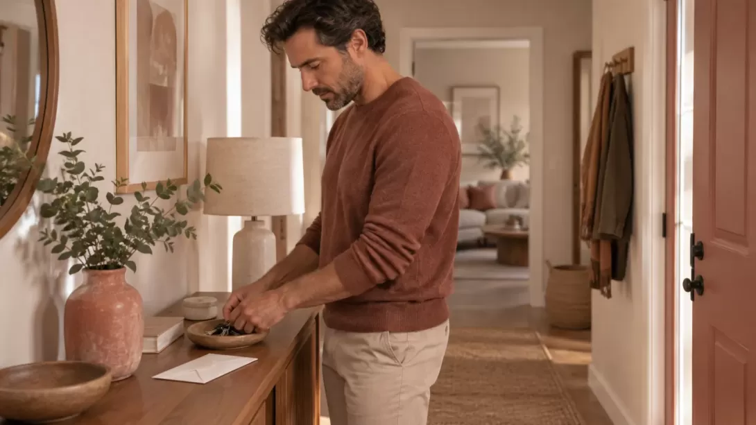 Hombre observando objetos cotidianos junto a unas llaves en un recibidor