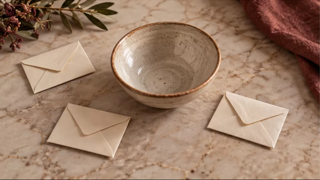 Tres sobres sin texto dispuestos alrededor de un cuenco de ceramica