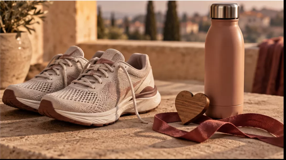 Zapatillas deportivas junto a una botella sin marca, un corazon de madera y una cinta
