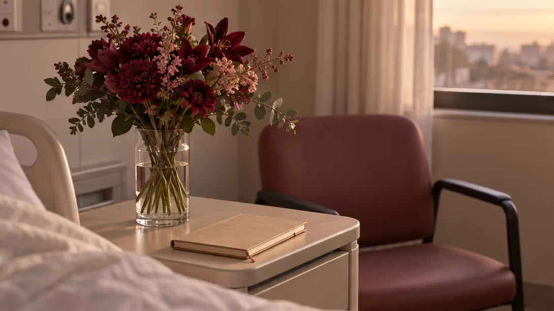Ramo de flores junto a una silla y una libreta en una habitacion de hospital
