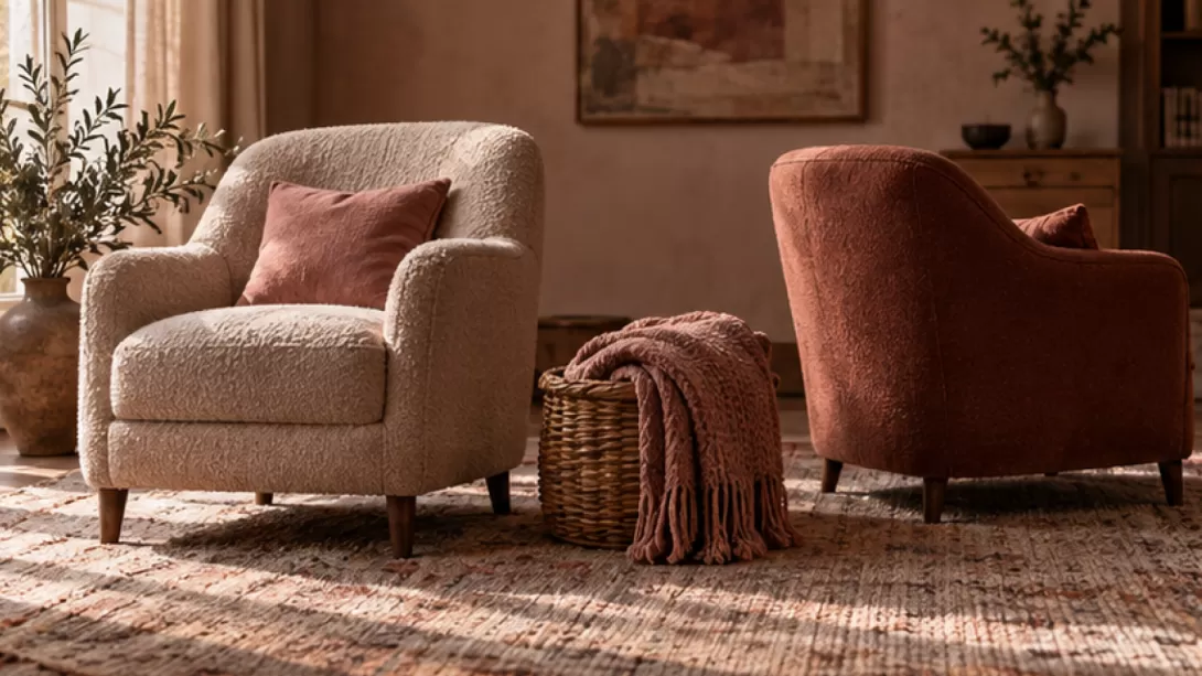 Dos sillones orientados en direcciones distintas con una manta entre ellos