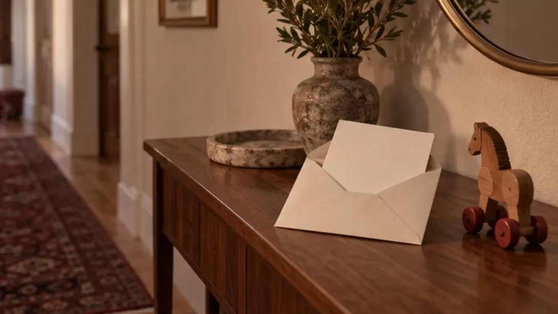Sobre abierto con papel sin texto junto a un juguete de madera en un recibidor