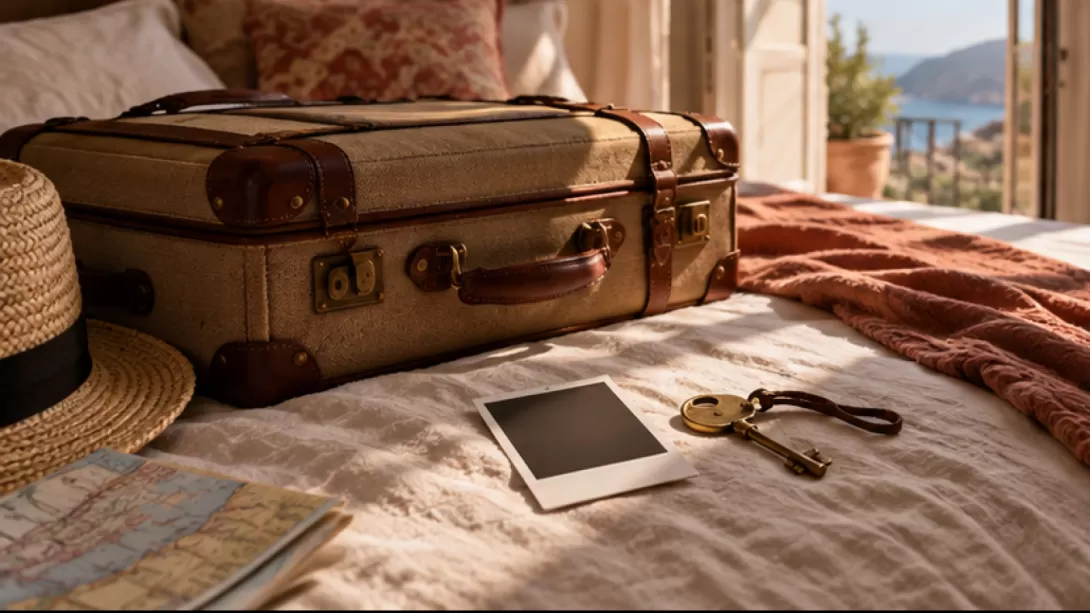 Maleta de viaje sobre una cama junto a una fotografia en blanco y una llave