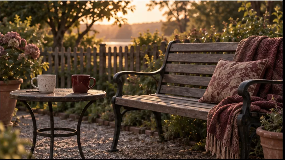 Banco de jardin con dos tazas separadas al atardecer