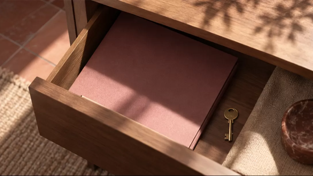 Carpeta sin texto semiescondida en un cajon con una llave