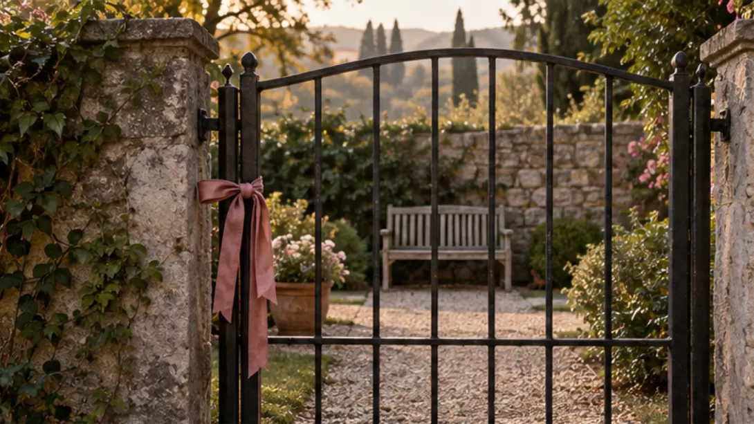 Puerta de jardin cerrada con una cinta junto a un banco vacio