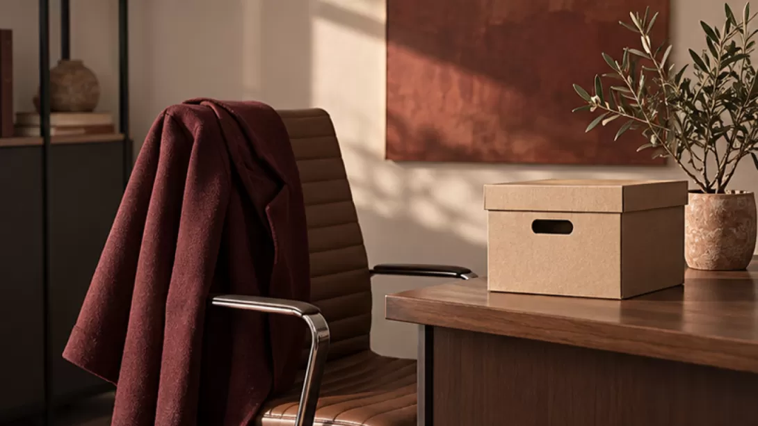 Silla de oficina con un abrigo, caja de archivo y planta de olivo