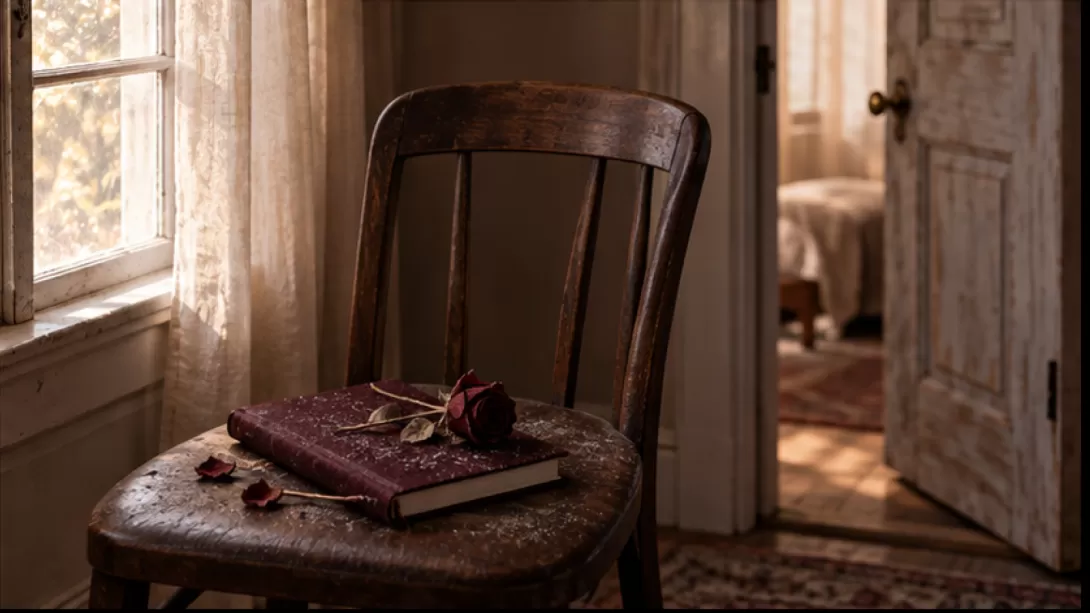 Silla junto a una ventana con una libreta burdeos y una rosa seca